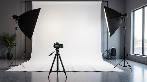 企业宣传片拍摄现场，蓝色背景，明亮自然光，专业摄影设备