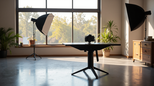 产品摄影拍摄现场，白色背景，明亮自然光，专业灯光设备