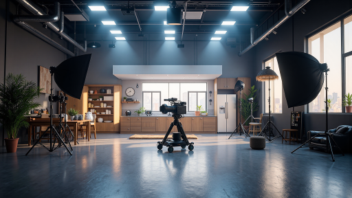 短视频制作，蓝色背景，明亮自然光，创意拍摄场景