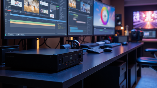 后期制作工作室，黑色背景，明亮自然光，专业后期设备