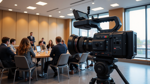 影视制作行业新技术发布会，室内会议厅，明亮自然光，专业设备展示